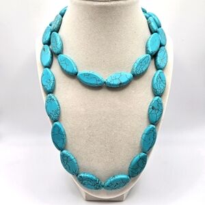 VINTAGE Large Glass Turquoise Flat Beaded Chunky Statement Necklace 38" Boho